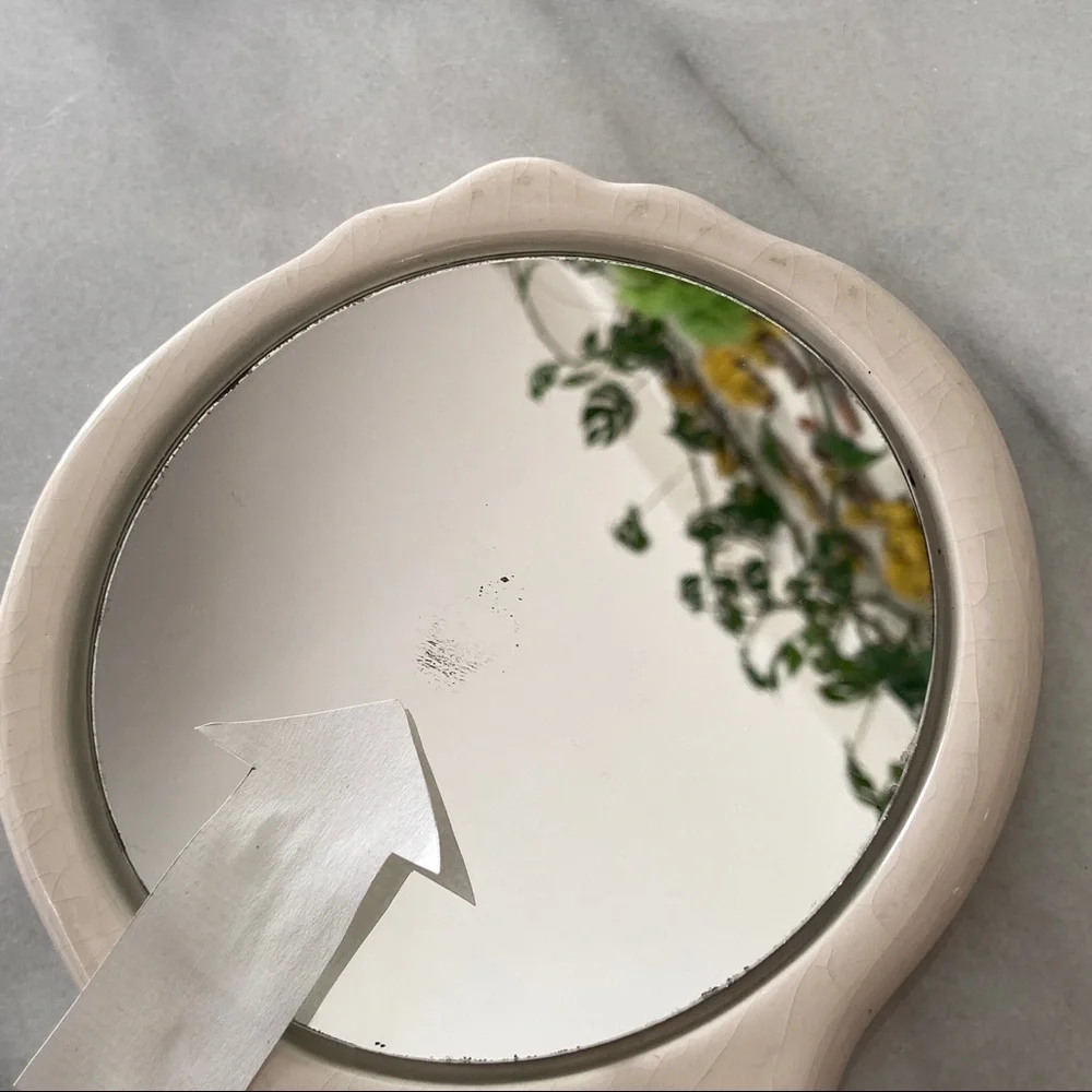 VINTAGE •Cottagecore Ceramic Hand-mirror Floral Hand Painted Vanity Antique